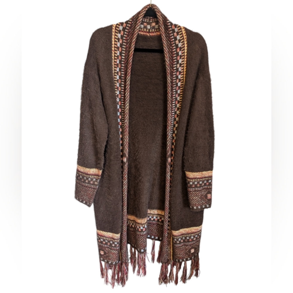 Long open front brown soft boho tassel cardigan sweater XL
